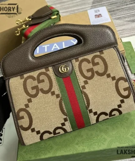 Gucci 1:1 Mirror Replica Jumbo GG Small Ophidia Slip Beige Ebony 25.5CM/10IN Gucci Replica Ophidia Bags
