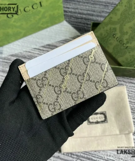 Gucci 1:1 Mirror Replica GG Monogram Horsebit Card Holder Beige 7CM/2.8IN Gucci Replica Wallets