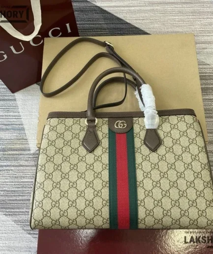 Gucci 1:1 Mirror Replica Ophidia GG Medium Tote Bag Beige & Brown 33.5CM/13.2IN Gucci Replica Ophidia Bags
