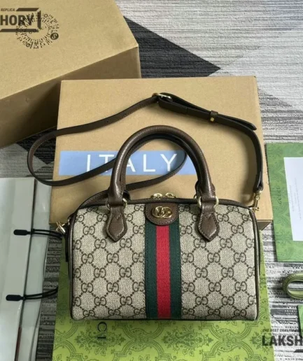 Gucci 1:1 Mirror Replica Ophidia Small Boston Bag GG Supreme 21.5CM/8.5IN Gucci Replica Ophidia Bags
