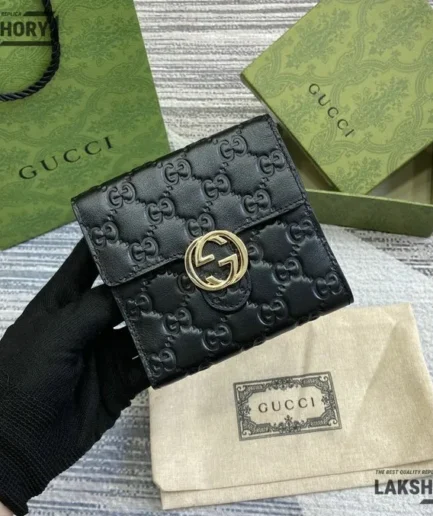 Gucci 1:1 Mirror Replica Guccissima Interlocking Wallet Black 12.5CM/4.9IN Gucci Replica Wallets