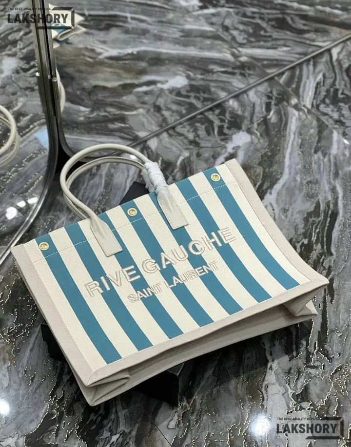 YSL 1:1 Mirror Replica Linen Striped Rive Gauche Tote Water Green 48CM/18.9IN Replica Tote Bags YSL 1:1 Mirror Replica Linen Striped Rive Gauche Tote Water Green 48CM/18.9IN Replica Tote Bags