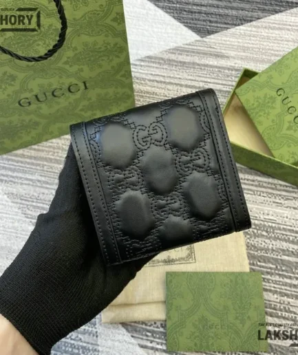 Gucci 1:1 Mirror Replica GG Matelasse Bi-Fold Wallet Black 12CM/4.7IN Gucci Replica Wallets
