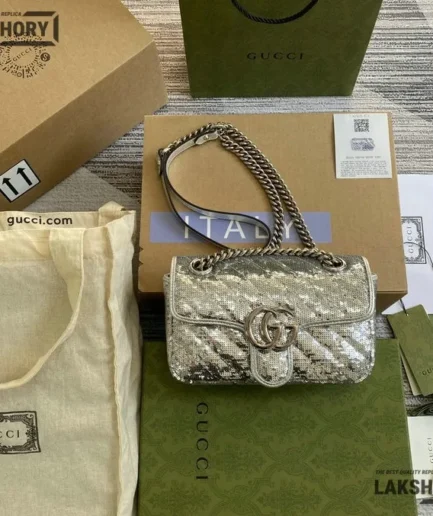 Gucci 1:1 Mirror Replica Sequin Mini GG Marmont Matelasse Silver 22CM/8.7IN Gucci Replica Marmont Bags