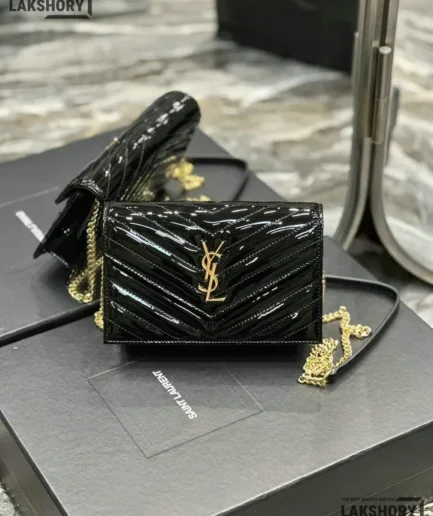 YSL 1:1 Mirror Replica Patent Matelasse Envelope Chain Wallet Black 19CM/7.5IN Replica Crossbody Bags