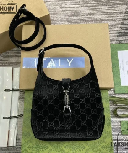 Gucci 1:1 Mirror Replica Velvet Ashmir GG Jackie 1961 Black 22CM/8.7IN Gucci Replica Jackie Bags