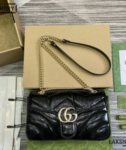 Gucci 1:1 Mirror Replica Patent Matelasse GG Marmont Black 26CM/10.2IN Gucci Replica Marmont Bags