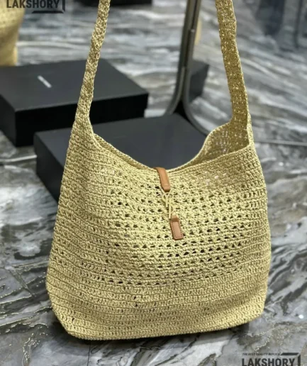 YSL 1:1 Mirror Replica Plaque Raffia Crochet Tote Bag Beige 37CM/14.6IN Replica Tote Bags