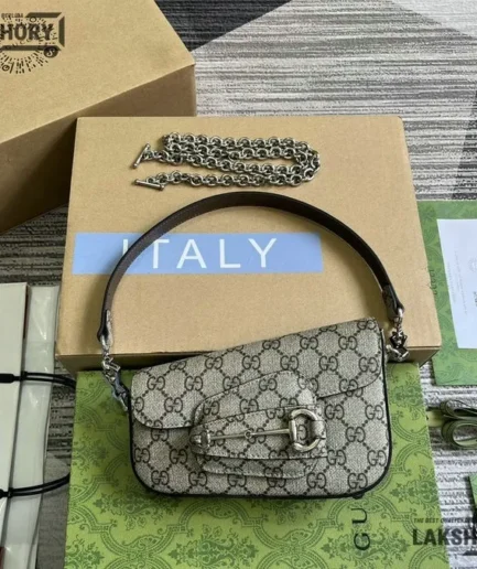 Gucci 1:1 Mirror Replica GG Supreme Mini Horsebit 1955 Asymmetric Beige 19.5CM/7.7IN Gucci Replica Horsebit Bags