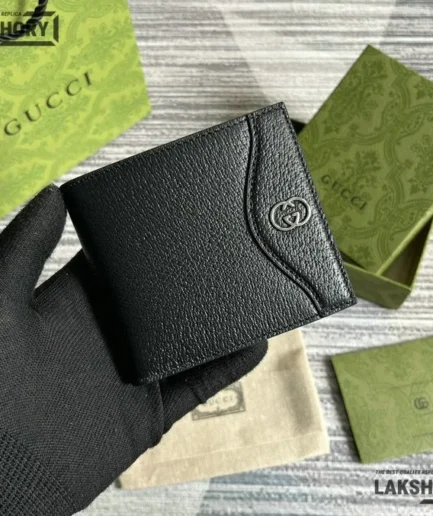 Gucci 1:1 Mirror Replica Card Case Interlocking G Wallet Black 9CM/3.5IN Gucci Replica Wallets