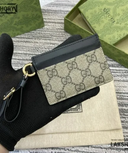 Gucci 1:1 Mirror Replica GG Emblem Card Case With Strap 7CM/2.8IN Gucci Replica Wallets