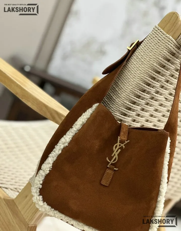 YSL 1:1 Mirror Replica Suede Shearling Le 5 A 7 Hobo Brown Beige 23CM/9.1IN Replica Hobo Bags YSL 1:1 Mirror Replica Suede Shearling Le 5 A 7 Hobo Brown Beige 23CM/9.1IN Replica Hobo Bags