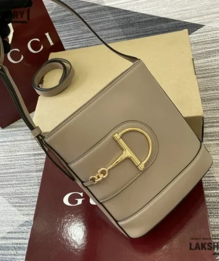 Gucci 1:1 Mirror Replica 73 Small Blue Taupe Bucket Bag 20CM/7.9IN Gucci Replica Horsebit Bags