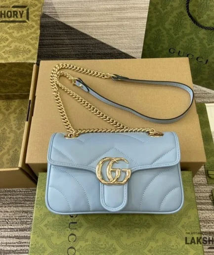Gucci 1:1 Mirror Replica GG Marmont Small Shoulder Bag Blue 22CM/8.7IN Gucci Replica Marmont Bags