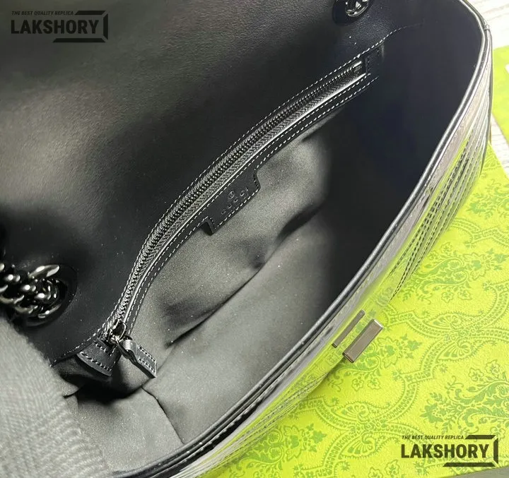 Gucci 1:1 Mirror Replica Small GG Marmont Patent Black Shoulder Bag 26CM/10.2IN Gucci Replica Marmont Bags Gucci 1:1 Mirror Replica Small GG Marmont Patent Black Shoulder Bag 26CM/10.2IN Gucci Replica Marmont Bags