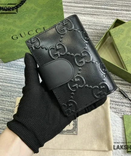Gucci 1:1 Mirror Replica Logo Debossed Leather Wallet Black 10.5CM/4.1IN Gucci Replica Wallets