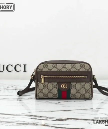 Gucci 1:1 Mirror Replica Supreme Ophidia Mini Bag Beige & Dark Brown 18CM/7.1IN Gucci Replica Ophidia Bags