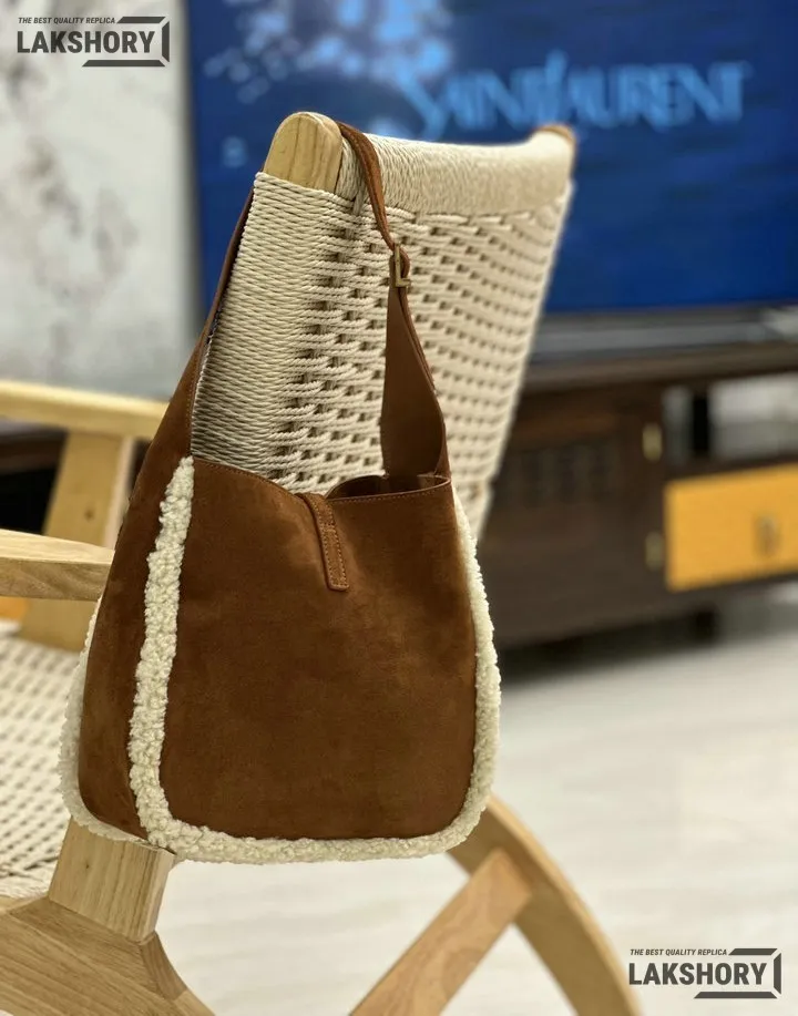 YSL 1:1 Mirror Replica Suede Shearling Le 5 A 7 Hobo Brown Beige 23CM/9.1IN Replica Hobo Bags YSL 1:1 Mirror Replica Suede Shearling Le 5 A 7 Hobo Brown Beige 23CM/9.1IN Replica Hobo Bags