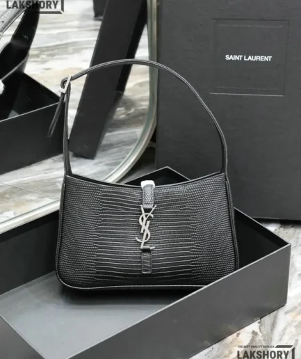 YSL 1:1 Mirror Replica Lizard Embossed LE 5 A 7 Hobo Black 25CM/9.8IN Replica Hobo Bags
