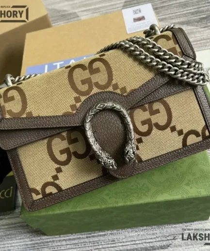 Gucci 1:1 Mirror Replica Monogram Jumbo GG Chain Dionysus Brown 28CM/11IN Gucci Replica Dionysus Bags