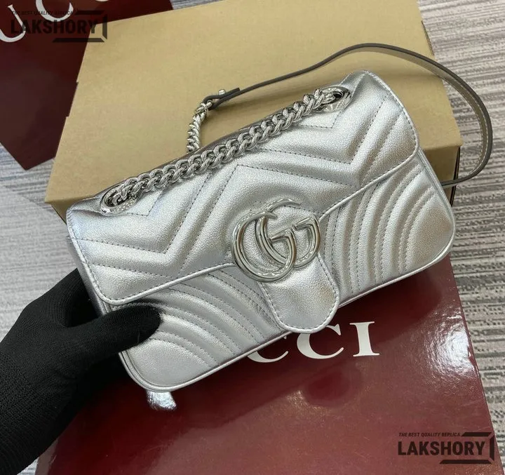 Gucci 1:1 Mirror Replica Matelasse Mini GG Marmont Silver 22CM/8.7IN Gucci Replica Marmont Bags Gucci 1:1 Mirror Replica Matelasse Mini GG Marmont Silver 22CM/8.7IN Gucci Replica Marmont Bags