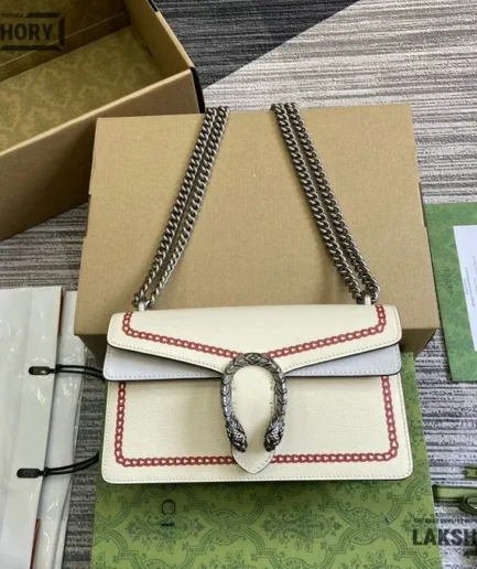 Gucci 1:1 Mirror Replica Textured Lunar Small Dionysus Mystic White Red 25CM/9.8IN Gucci Replica Dionysus Bags