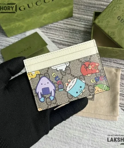 Gucci 1:1 Mirror Replica Kawaii Printed Leather Card Holder 7CM/2.8IN Gucci Replica Wallets
