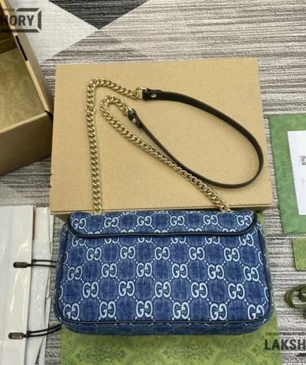 Gucci 1:1 Mirror Replica Denim Matelasse Medium GG Marmont Blue 26CM/10.2IN Gucci Replica Marmont Bags