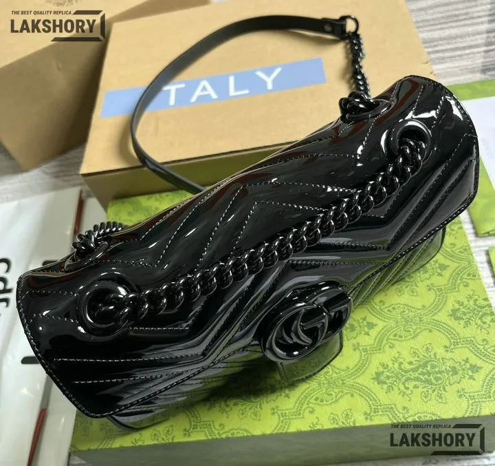 Gucci 1:1 Mirror Replica Small GG Marmont Patent Black Shoulder Bag 26CM/10.2IN Gucci Replica Marmont Bags Gucci 1:1 Mirror Replica Small GG Marmont Patent Black Shoulder Bag 26CM/10.2IN Gucci Replica Marmont Bags