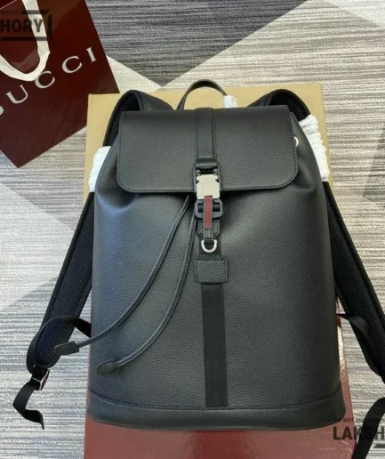 Gucci 1:1 Mirror Replica Leather Medium Backpack w/ Web Black 40CM/15.7IN Gucci Replica Backpacks