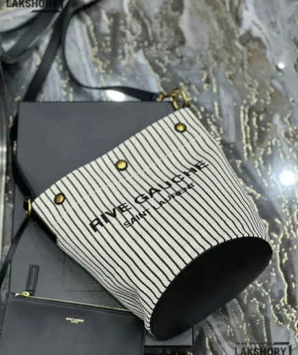 YSL 1:1 Mirror Replica Linen Striped Rive Gauche Bag Cream 20CM/7.9IN Replica Tote Bags