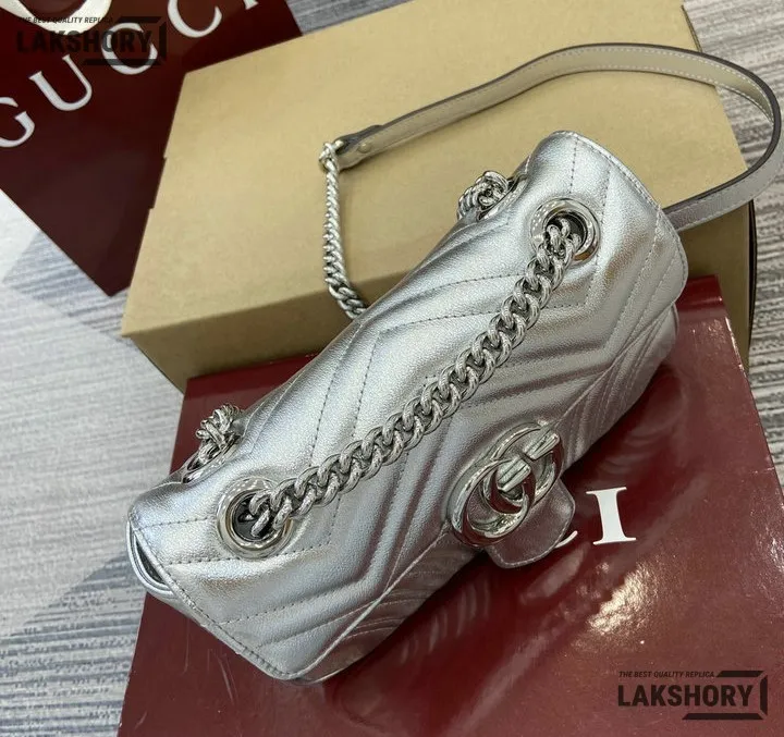 Gucci 1:1 Mirror Replica Matelasse Mini GG Marmont Silver 22CM/8.7IN Gucci Replica Marmont Bags Gucci 1:1 Mirror Replica Matelasse Mini GG Marmont Silver 22CM/8.7IN Gucci Replica Marmont Bags