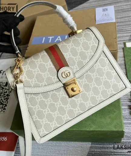 Gucci 1:1 Mirror Replica Ophidia Medium GG Grey Eggshell Top Handle 25CM/9.8IN Gucci Replica Ophidia Bags