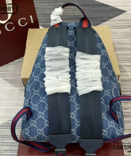 Gucci 1:1 Mirror Replica GG Monogram Denim Childrens Backpack Blue 32CM/12.6IN Gucci Replica Backpacks