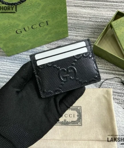 Gucci 1:1 Mirror Replica Embossed Tennis Card Holder Black 7CM/2.8IN Gucci Replica Wallets