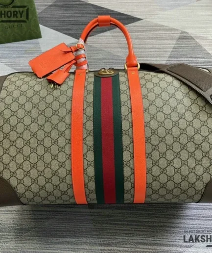 Gucci 1:1 Mirror Replica Web Large Savoy Duffle Bag Beige Orange 52CM/20.5IN Gucci Replica Ophidia Bags