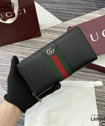 Gucci 1:1 Mirror Replica Black Zip Around Web Ophidia Wallet 19.5CM/7.7IN Gucci Replica Wallets