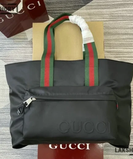 Gucci 1:1 Mirror Replica Nylon Web Large Tote Bag Black 45CM/17.7IN Gucci Replica Ophidia Bags