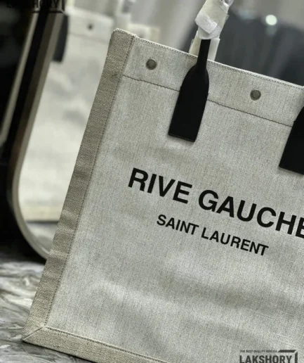YSL 1:1 Mirror Replica Leather Rive Gauche Tote Beige Black 38CM/15.0IN Replica Tote Bags