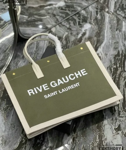 YSL 1:1 Mirror Replica Linen Rive Gauche Tote Bag Dark Green Replica Tote Bags