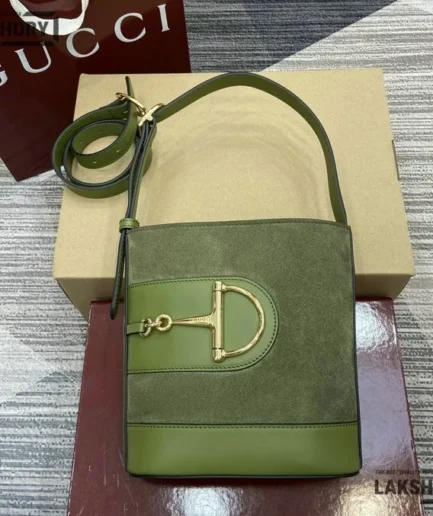 Gucci 1:1 Mirror Replica 73 Small Leather Bucket Bag Geen 20CM/7.9IN Gucci Replica Horsebit Bags