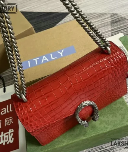 Gucci 1:1 Mirror Replica Crocodile Small Dionysus Shoulder Bag Red 28CM/11IN Gucci Replica Dionysus Bags