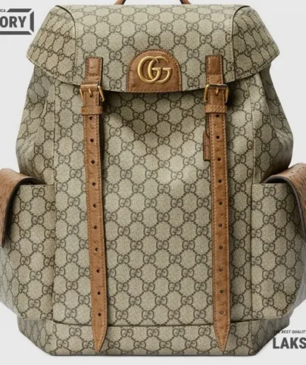 Gucci 1:1 Mirror Replica Leather Trim GG Beige & Brown Backpack 40CM/15.7IN Gucci Replica Backpacks