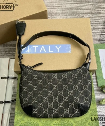 Gucci 1:1 Mirror Replica Denim GG Horsebit Slim Small Bag Black 24CM/9.4IN Gucci Replica Horsebit Bags