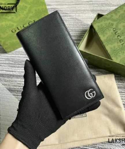 Gucci 1:1 Mirror Replica GG Soft Leather Long Wallet Black 18.5CM/7.3IN Gucci Replica Wallets
