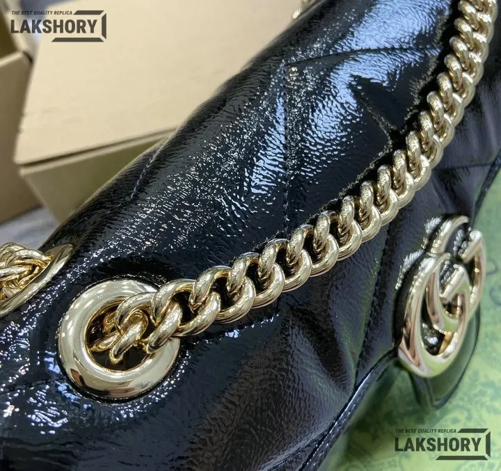 Gucci 1:1 Mirror Replica Patent Matelasse GG Marmont Black 26CM/10.2IN Gucci Replica Marmont Bags Gucci 1:1 Mirror Replica Patent Matelasse GG Marmont Black 26CM/10.2IN Gucci Replica Marmont Bags