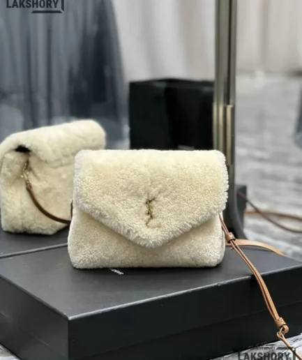 YSL 1:1 Mirror Replica Shearling Toy Loulou Natural Shoulder Bag 20CM/7.9IN Replica Crossbody Bags