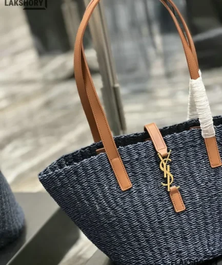 YSL 1:1 Mirror Replica Raffia Calfskin Large Panier Tote Blue 42CM/16.5IN Replica Tote Bags
