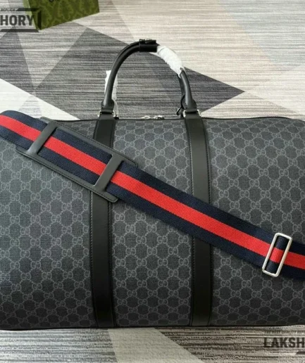 Gucci 1:1 Mirror Replica GG Supreme Large Duffle Bag Black 52CM/20.5IN Gucci Replica Ophidia Bags
