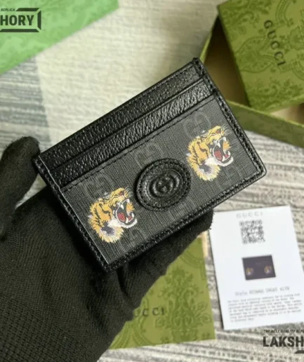 Gucci 1:1 Mirror Replica GG Tiger Card Holder Black 7CM/2.8IN Gucci Replica Wallets